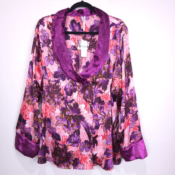 Anthropologie Luxe Sleep Velvet Trim Long Sleeve Pajama Lounge Top, Size 1X, NWT - Picture 2 of 7